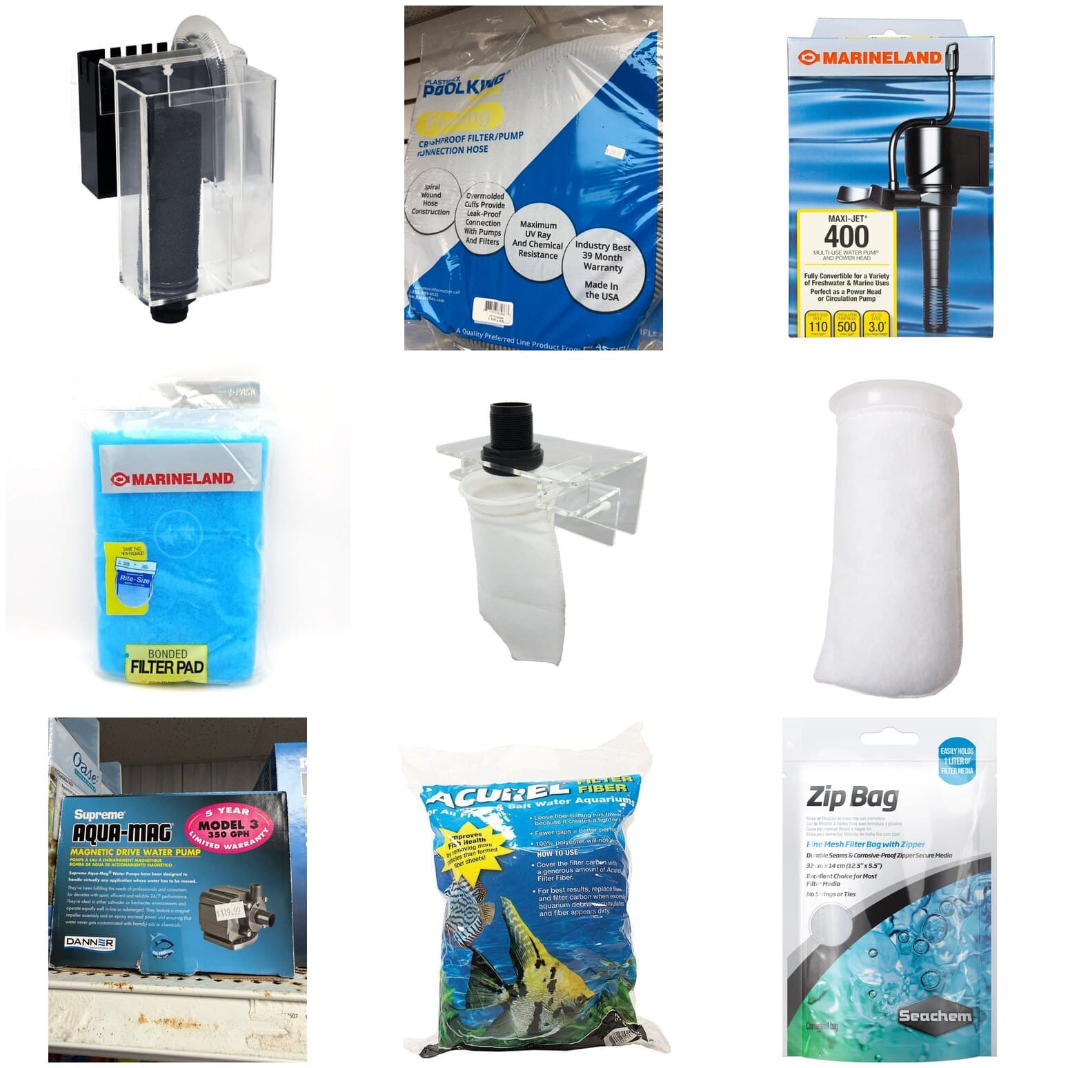 The nine parts of the starter sump build — overflow box, hose, return pump, filter pad, sock holder, sock, upgrade pump, floss and media bag — all stocked at Sea Cave in Erie, PA.