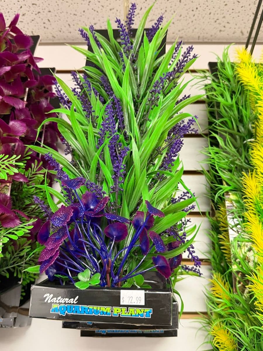 Natural Aquarium Plant — large artificial plastic plant decoration, green with purple accents at Sea Cave Inc.