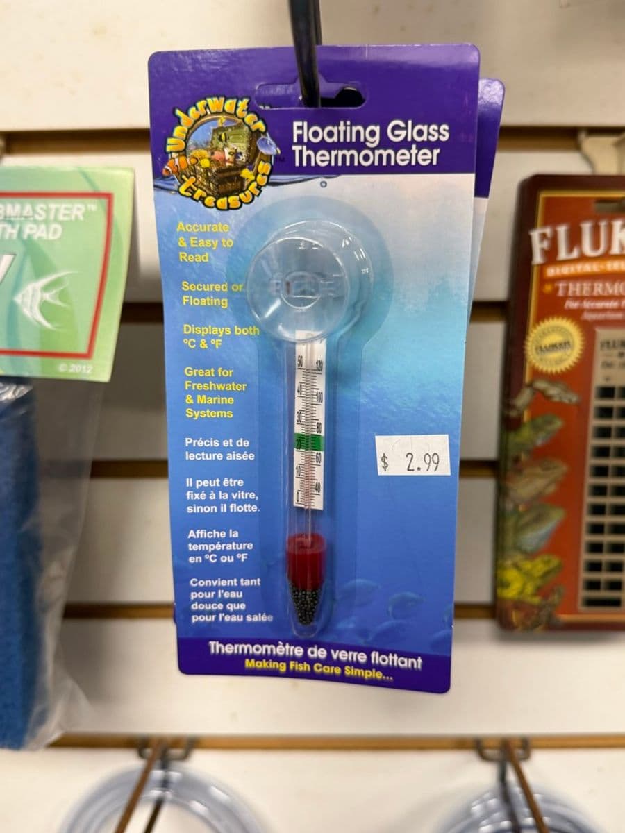 Underwater Treasures Floating Glass Thermometer (suction-cup mount, °C & °F, freshwater/marine) at Sea Cave Inc.