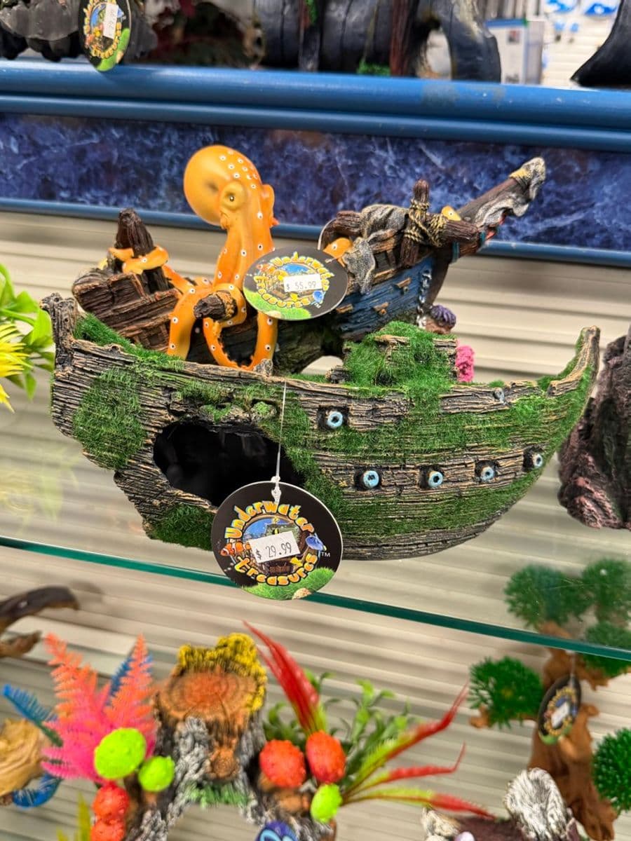 Underwater Treasures large shipwreck resin aquarium ornament with octopus figure at Sea Cave Inc.