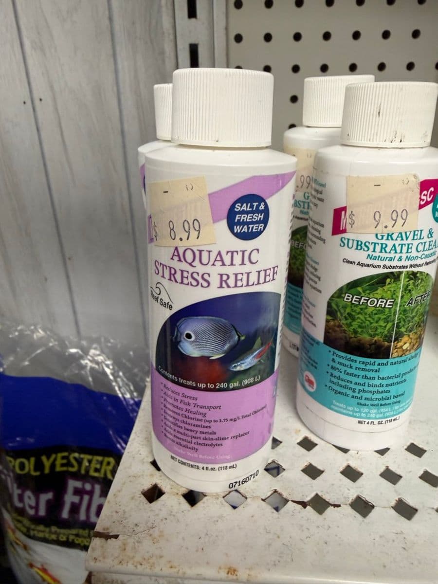 Aquatic Stress Relief (4 fl oz, salt & freshwater, $8.99) + Gravel & Substrate Cleaner (4 fl oz, $9.99) at Sea Cave Inc.