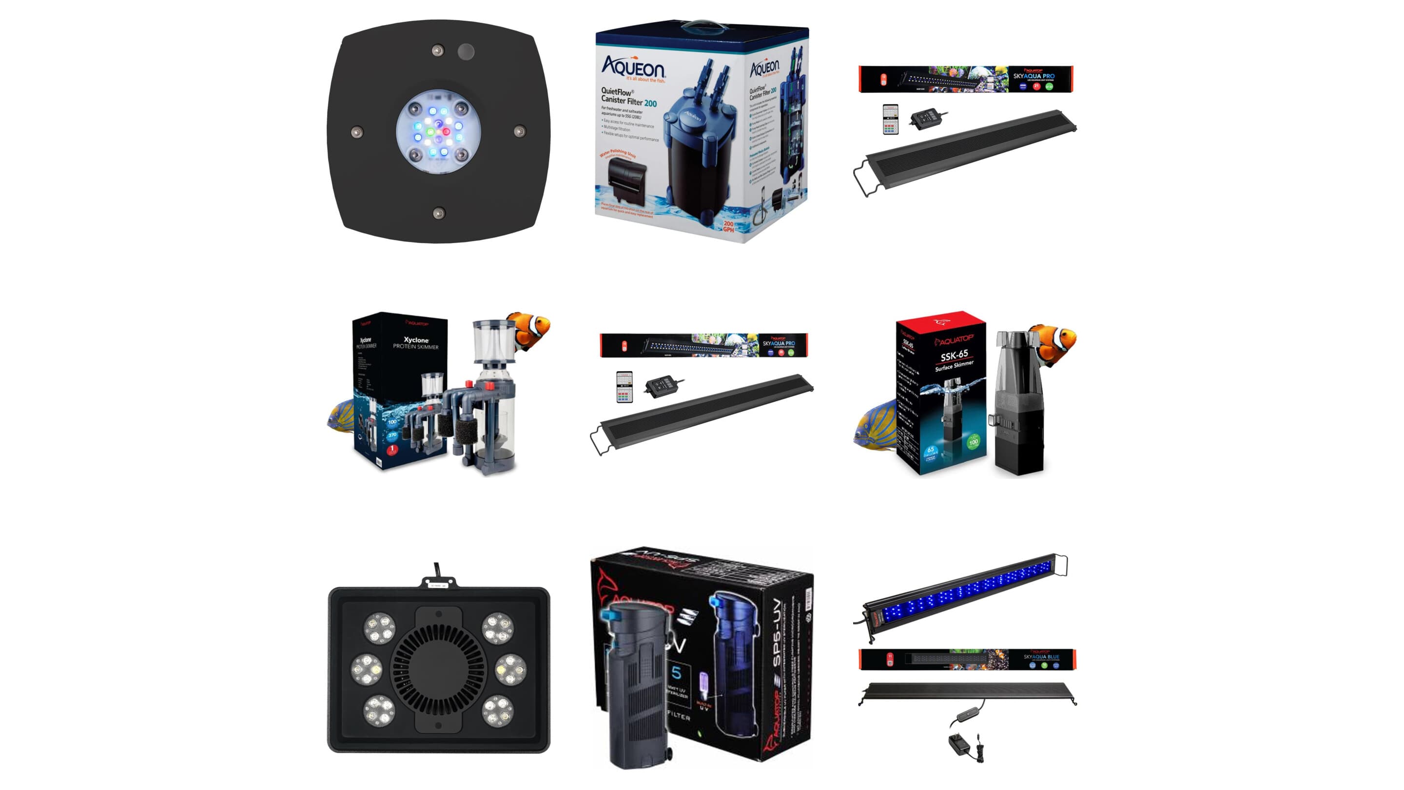 A grid of the filters and aquarium lights Sea Cave carries — LED reef and plant lights, canister and power filters, protein skimmers and a UV filter — on a clean white background